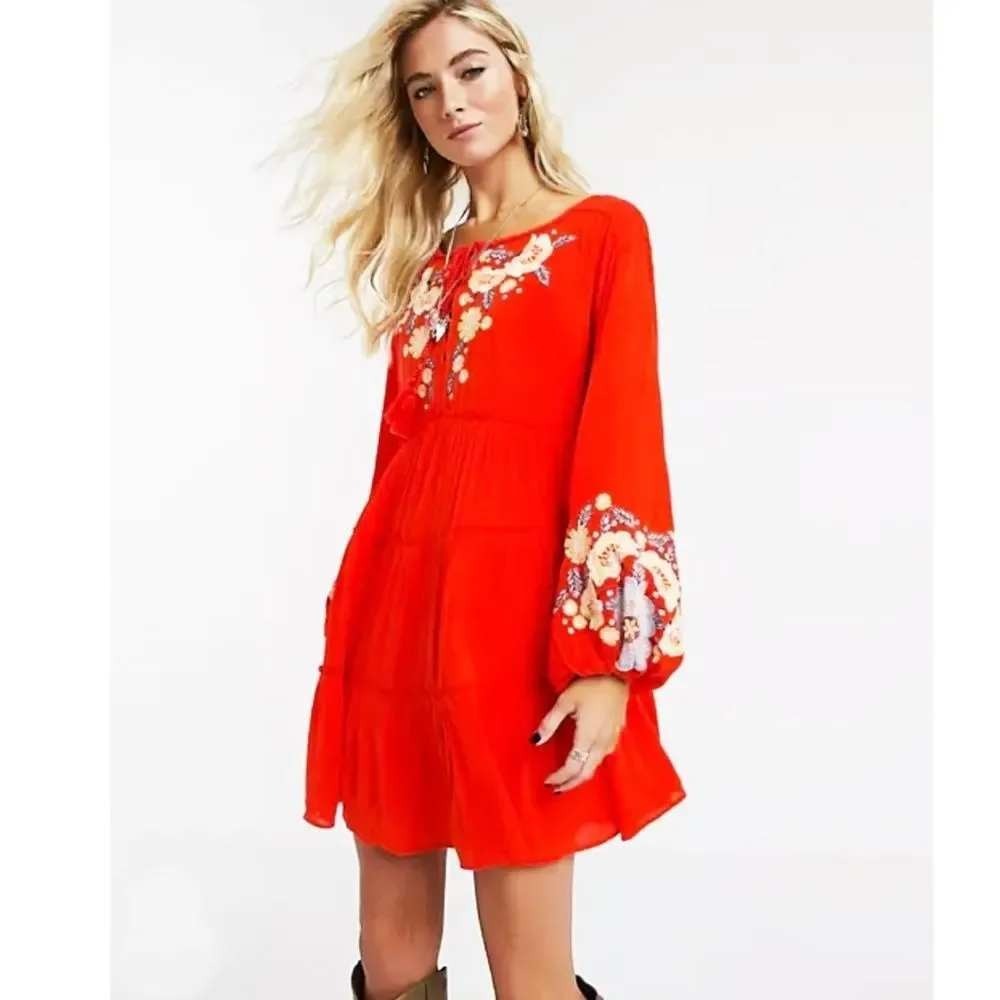 Free People Spell On You Embroidered Tiered Gauze Mini‎ Dress S Red Boho Peasant